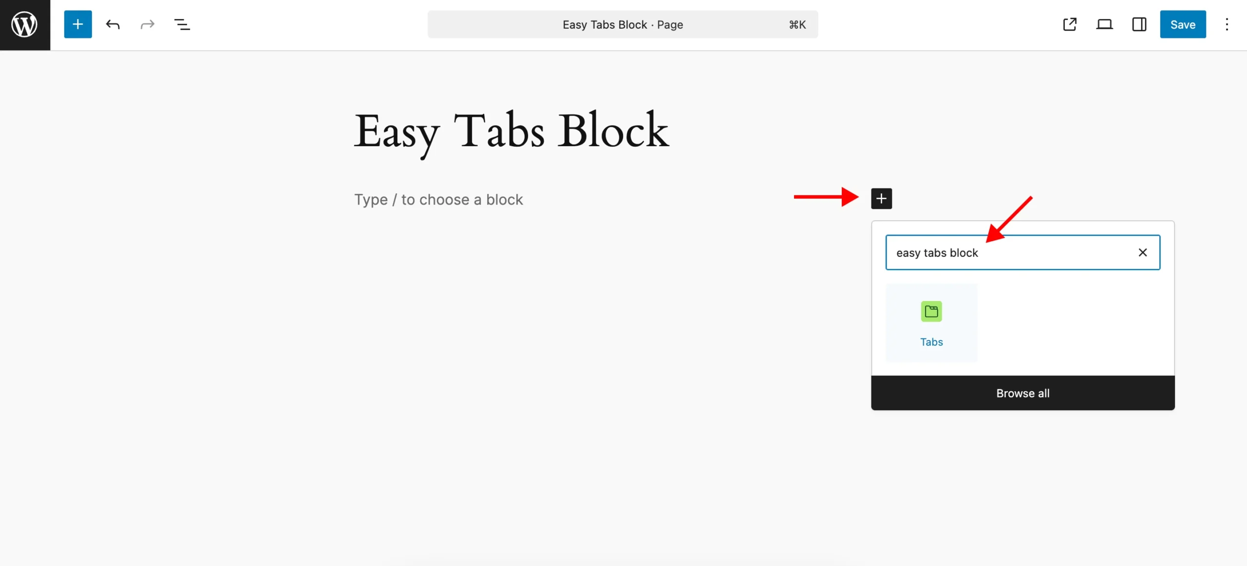 Add the easy tabs block to the editor