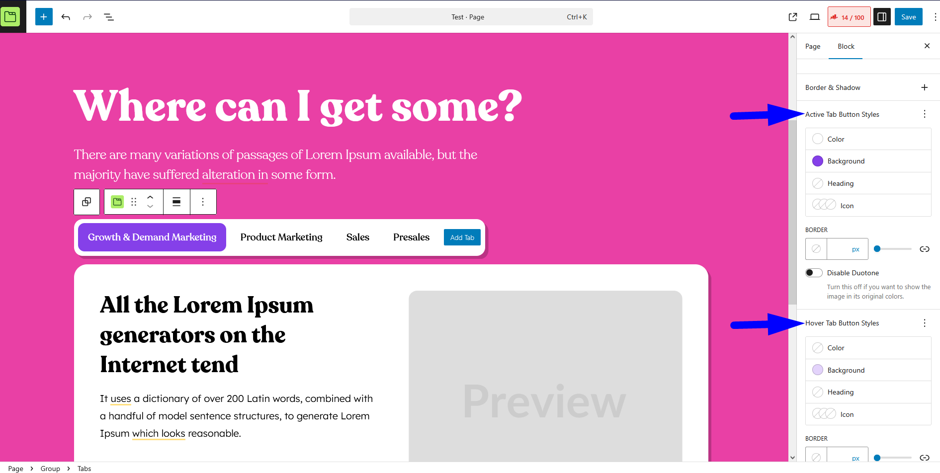 This is a screenshot of active tab and hover tab styles
