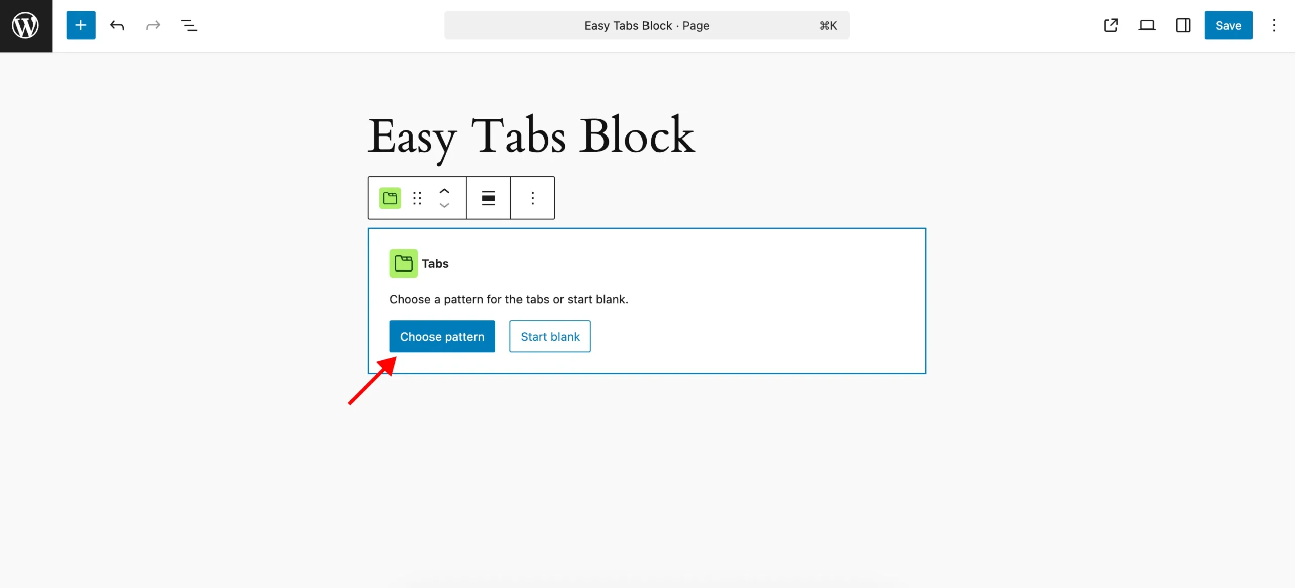 Open Easy Tabs Block Patterns Modal