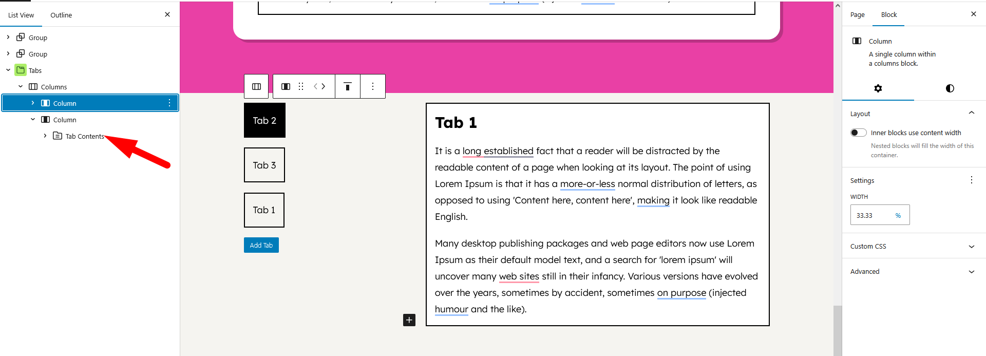 Drag the Tab Content option under the second column