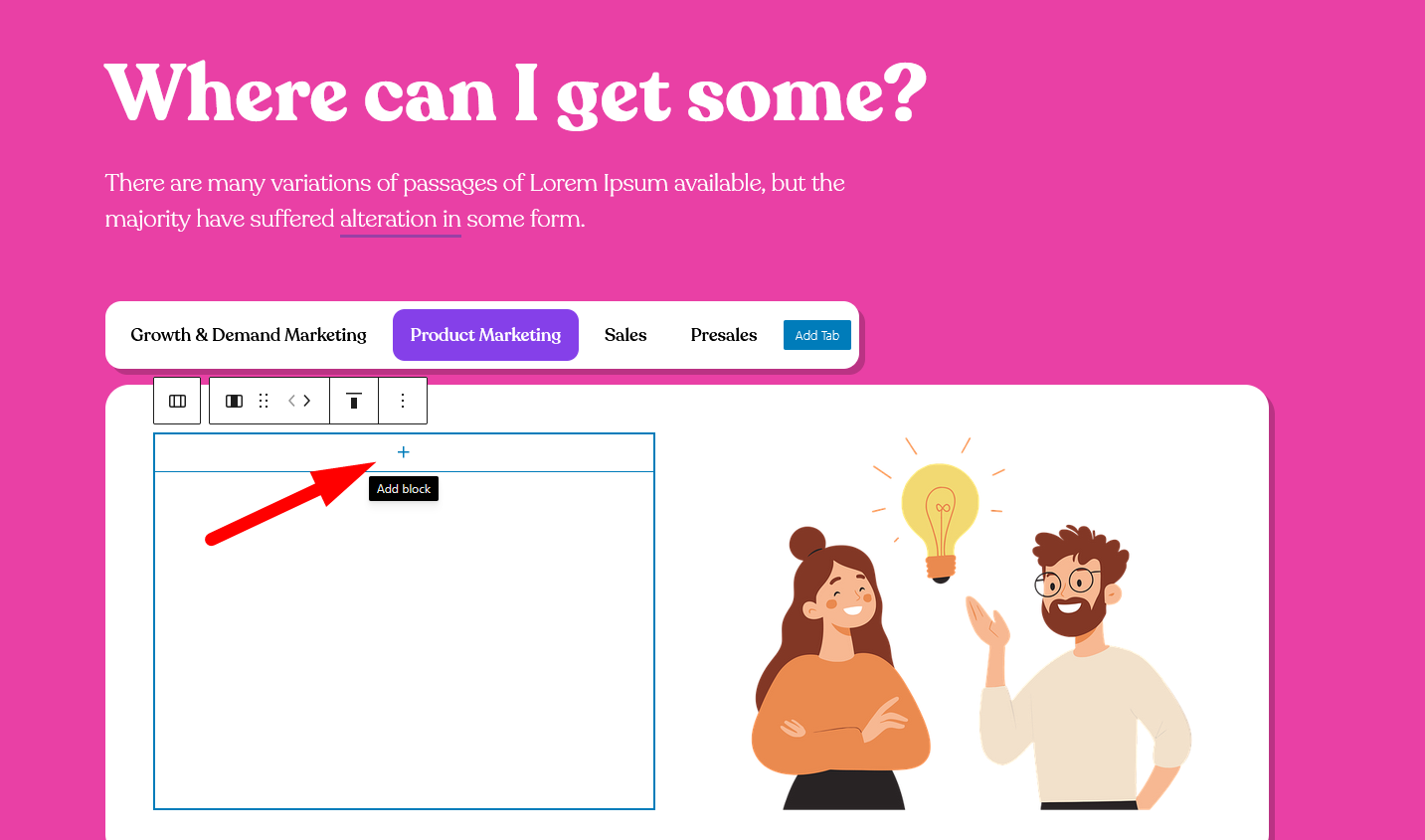 This is a screenshot of adding a block inside a tab